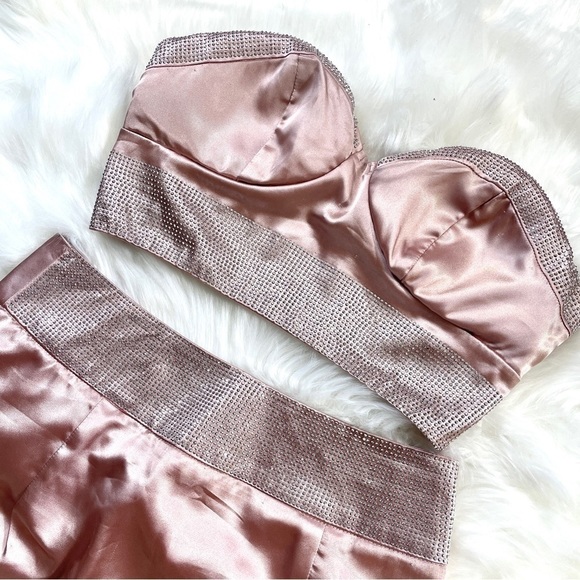 Satin Mauve Dusty Rose Pink Sequin Diamond Trim Two Piece Top and Skirt Set (S) - Picture 2 of 12